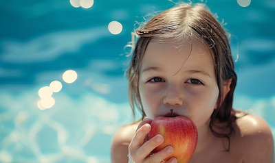 Mädchen isst vor dem Schwimmen einen Apfel